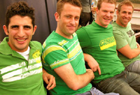 The Green Shirt Brigade AKA Shaf De Bass, Lawrence BUcknell, Richard Launch & Trevor McLachlan, The Addiction Back to Back Boat Party 05, taken by Chris Cee