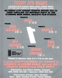 Frantic 1st Birthday @Bagleys Film Studios, Kings Cross (Friday 21st August)