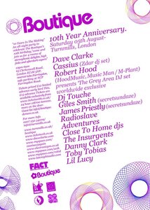 Boutique 10th Year Anniversary @Turnmills, London (Saturday 5th August)